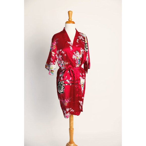 Chinese dressing robe, floral print red short dressing robe, 100% cotton - Picture 9 of 10